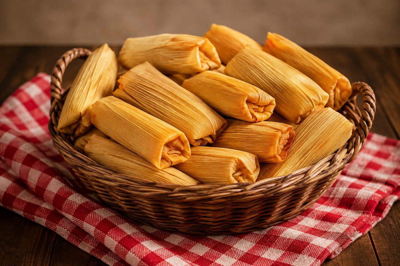 Canasta llena de tamales recién preparados